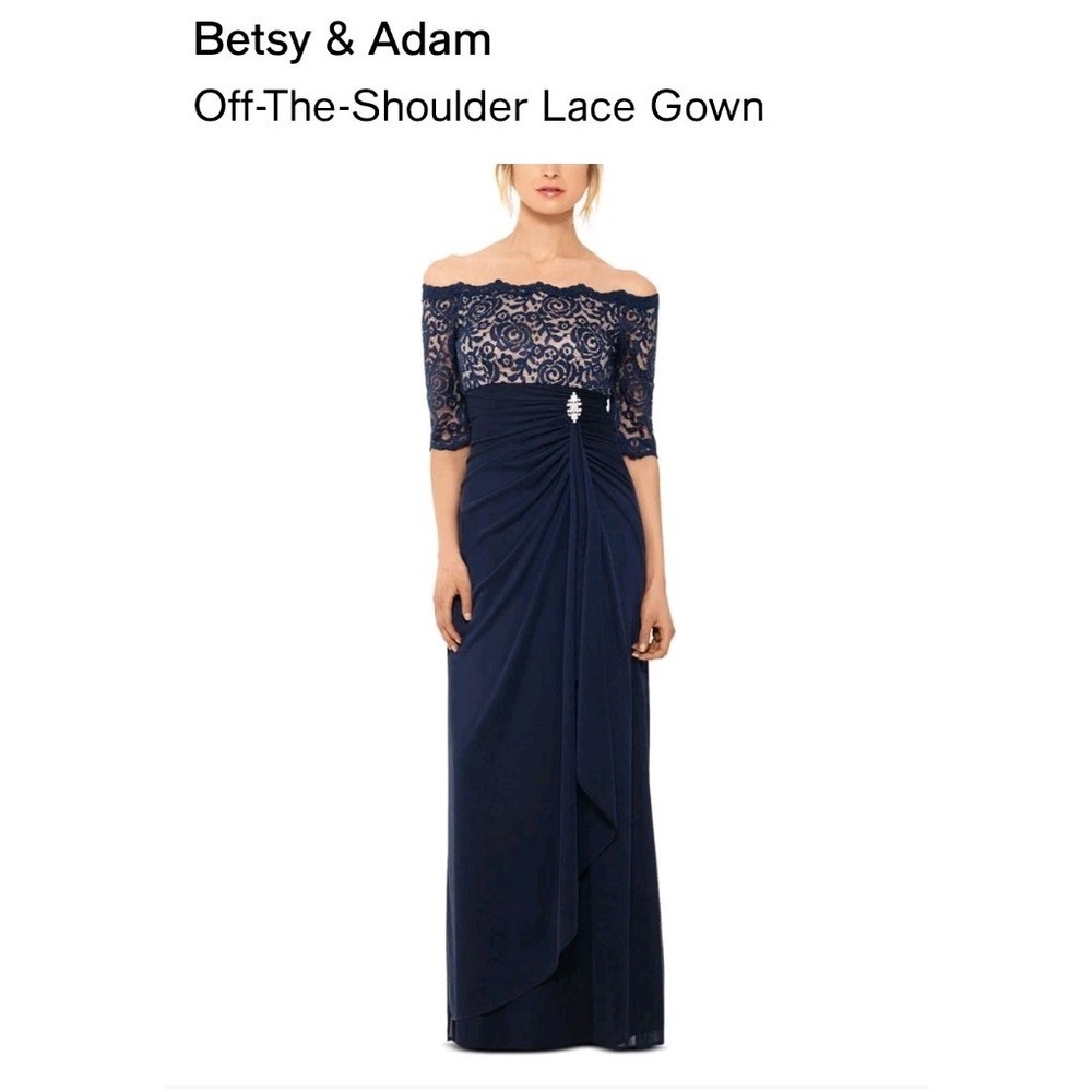 Betsy & Adam Off Shoulder Lace Gown Navy Nude Size 8 Style B151 NWT Formal Eveni